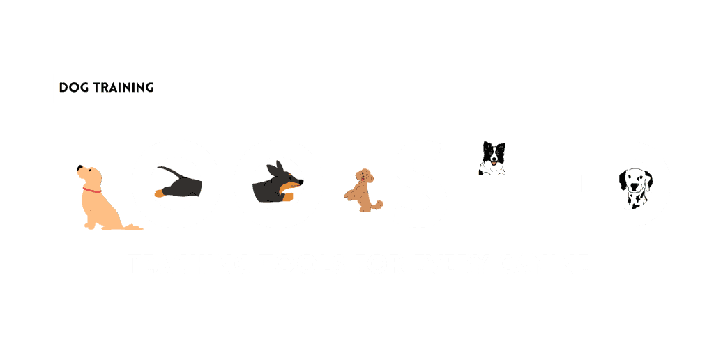 Logo for "Dog Training Toolshed." The word "TOOLS SHED" features cartoon dogs integrated in and around the letters. Below, the tagline reads: "Teaching tools for every canine.