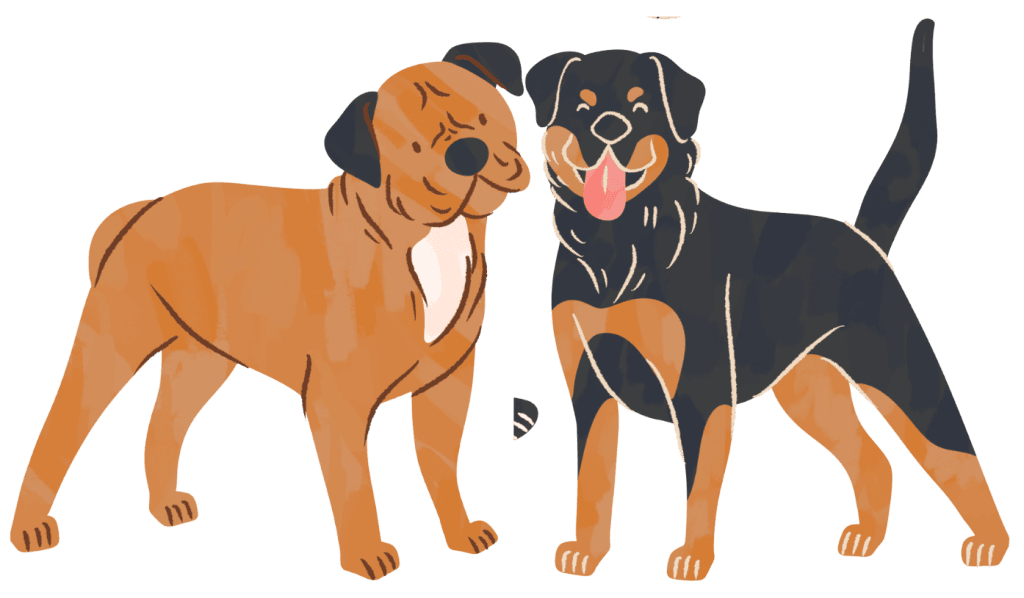 Illustration of two happy dogs standing side by side. One dog is brown with a white chest, eyes closed and smiling, while the other is black and tan with its tongue out and tail up.