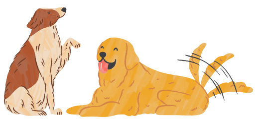 Illustration of two happy dogs: one brown and white dog sitting with a raised paw, and a golden dog lying down with its tongue out and tail wagging energetically.