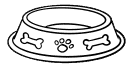 A simple illustration of a pet food bowl with two bone shapes and a paw print design on its side. The bowl is empty and has a round, wide rim.