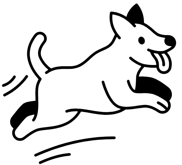 Simple black and white illustration of a happy dog running or leaping forward, with its tongue out, ears perked up, and tail raised. Motion lines emphasize the sense of movement.